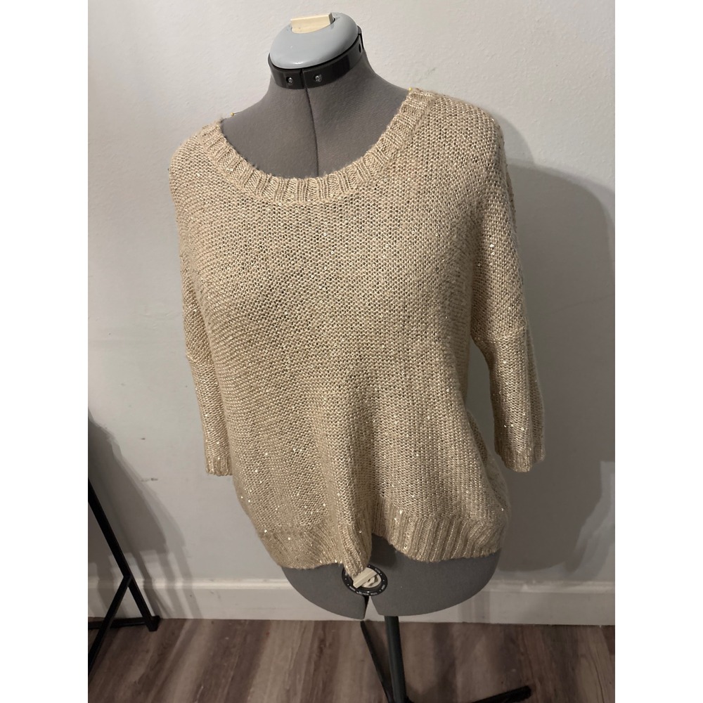 Allen B. Sequin Sweater Women L Gold Excellent Metallic Zip Back 3/4 Sleeve